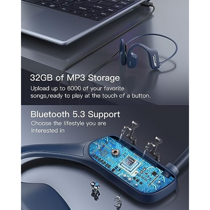 Guudsoud 수영 헤드폰, 골전도 헤드폰 Bluetooth 5.3,IP68 방수 헤드폰 MP3 플레이어 32G 메모리가 포함된 스포츠 이어폰, 달리기, 사이클링을 위한 무선 오픈 이어 수중 이어버드