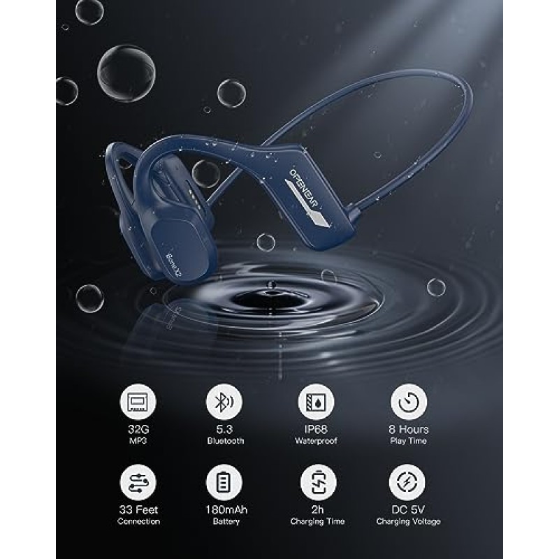 Guudsoud 수영 헤드폰, 골전도 헤드폰 Bluetooth 5.3,IP68 방수 헤드폰 MP3 플레이어 32G 메모리가 포함된 스포츠 이어폰, 달리기, 사이클링을 위한 무선 오픈 이어 수중 이어버드