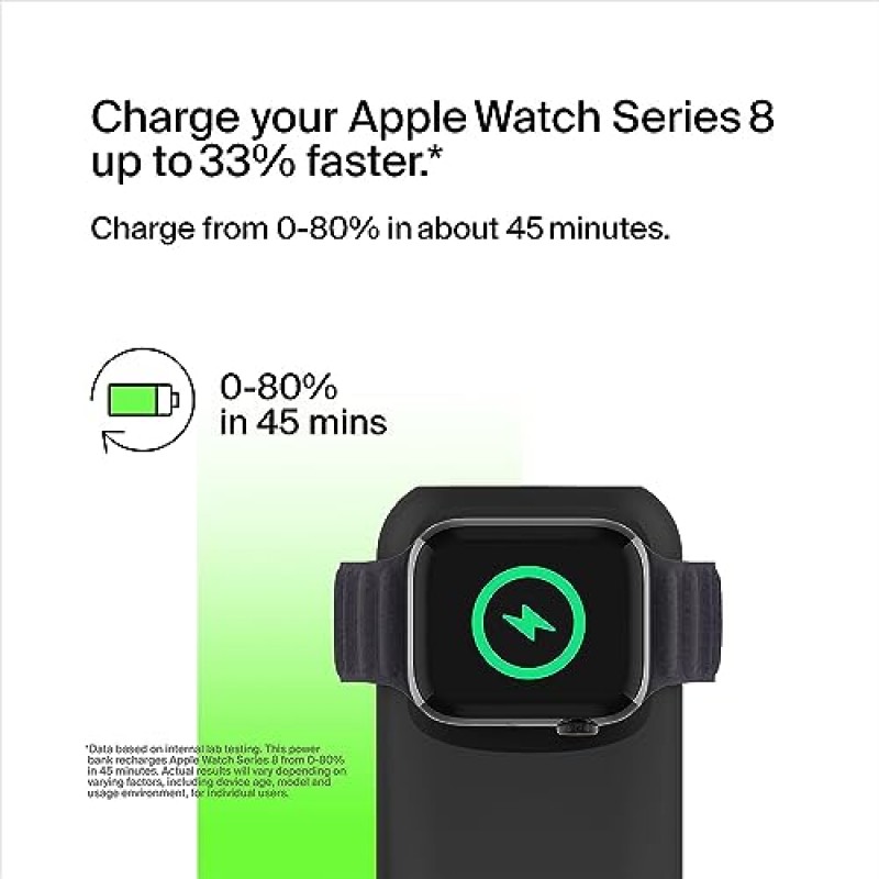 Belkin 고속 무선 충전기 Apple Watch 보조베터리 10K(12인치 USB-C-USB-C 케이블 포함), Apple Watch Ultra 8 및 7, iPhone 14, iPhone 13-20W USB-C 전원 공급을 위한 33% 더 빠른 충전 - 블랙