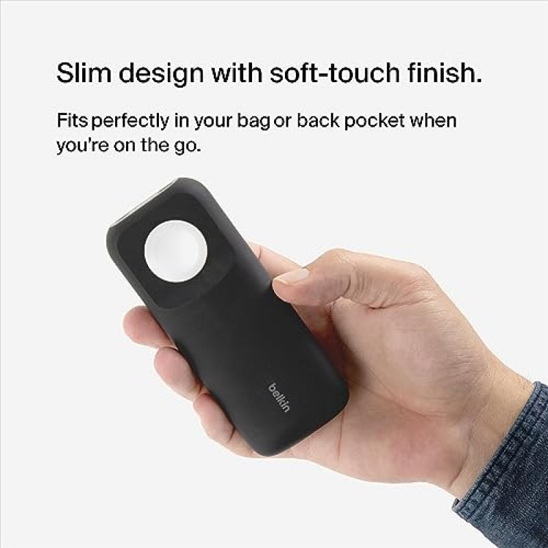 Belkin 고속 무선 충전기 Apple Watch 보조베터리 10K(12인치 USB-C-USB-C 케이블 포함), Apple Watch Ultra 8 및 7, iPhone 14, iPhone 13-20W USB-C 전원 공급을 위한 33% 더 빠른 충전 - 블랙