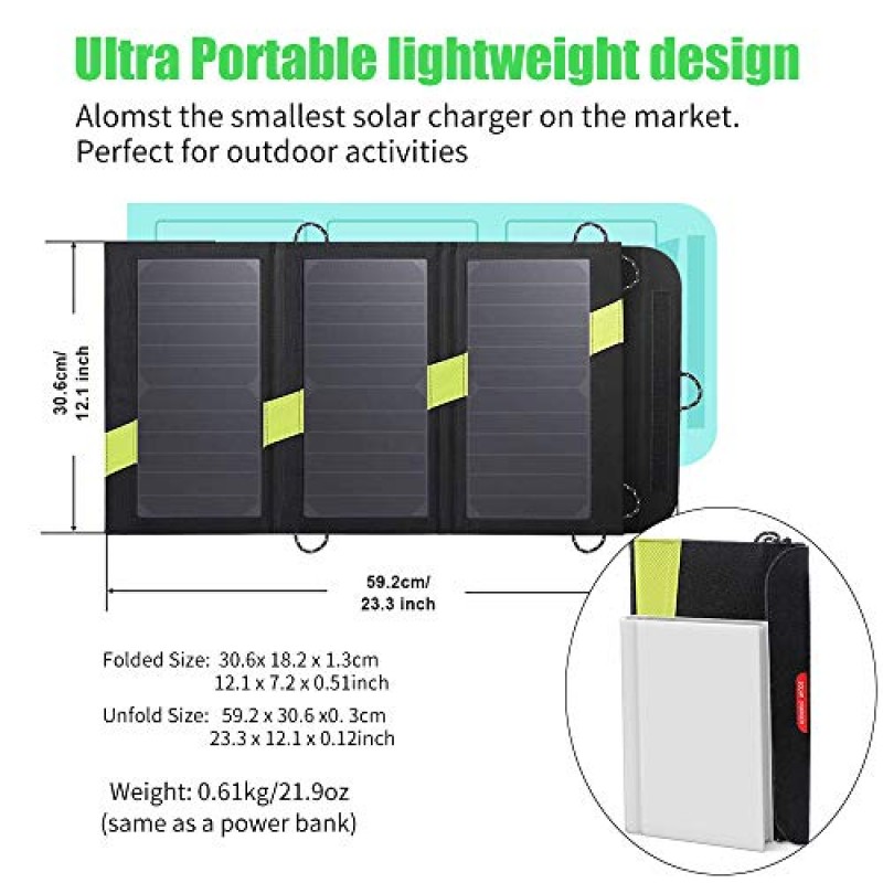 X-DRAGON 단결정 휴대용 태양광 패널 20W 듀얼 USB 포트(5V2A,전체 3A) 휴대용 노트북 핸드폰, 노트북, 태블릿, 캠핑(5V 20W)용 접이식 태양열 충전기