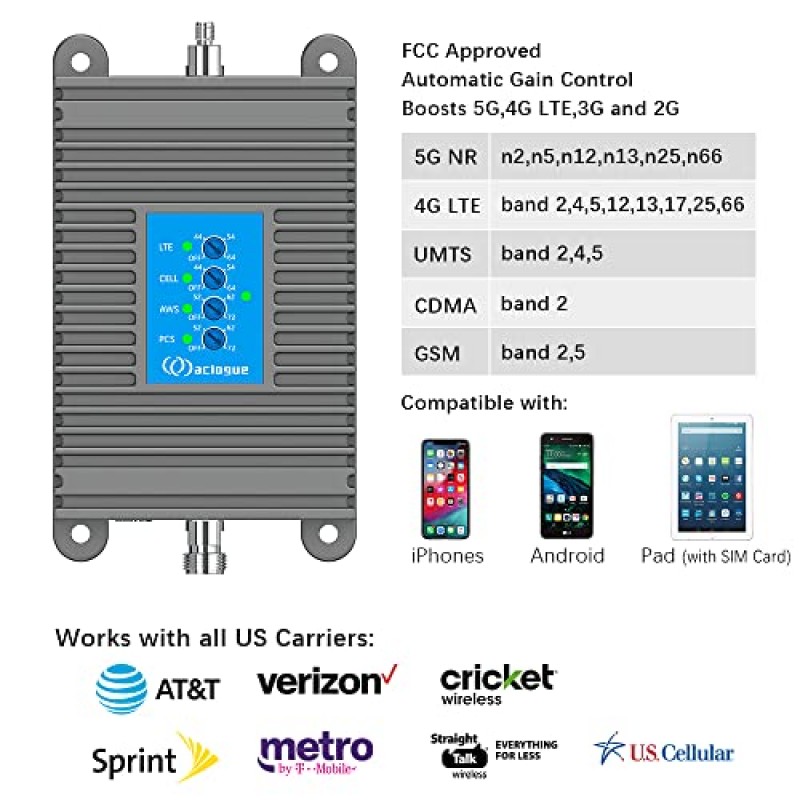 홈 휴대폰 신호 부스터는 Verizon, AT&T, Sprint 등 모든 미국 통신사를 지원하고 5G 4G LTE를 강화하며 전방향 안테나 키트는 최대 4,000sq.ft를 커버하며 FCC 승인을 받았습니다.