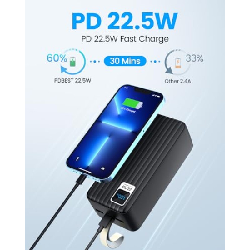 PDBEST 휴대용 충전기 전원 은행 50000mah - PD 22.5W USB C 충전기, iPhone, Samsung, iPad 등을 위한 LED 디스플레이 3 출력을 갖춘 QC 4.0 고속 충전 배터리 팩