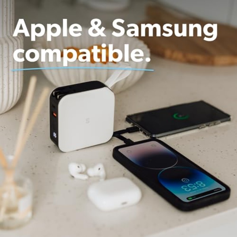 SnapWireless PowerPack Universal - 5 in 1 여행용 충전기 | 범용 여행용 어댑터 | 여행용 파워뱅크 | 포함된 어댑터 플러그(선명한 흰색)