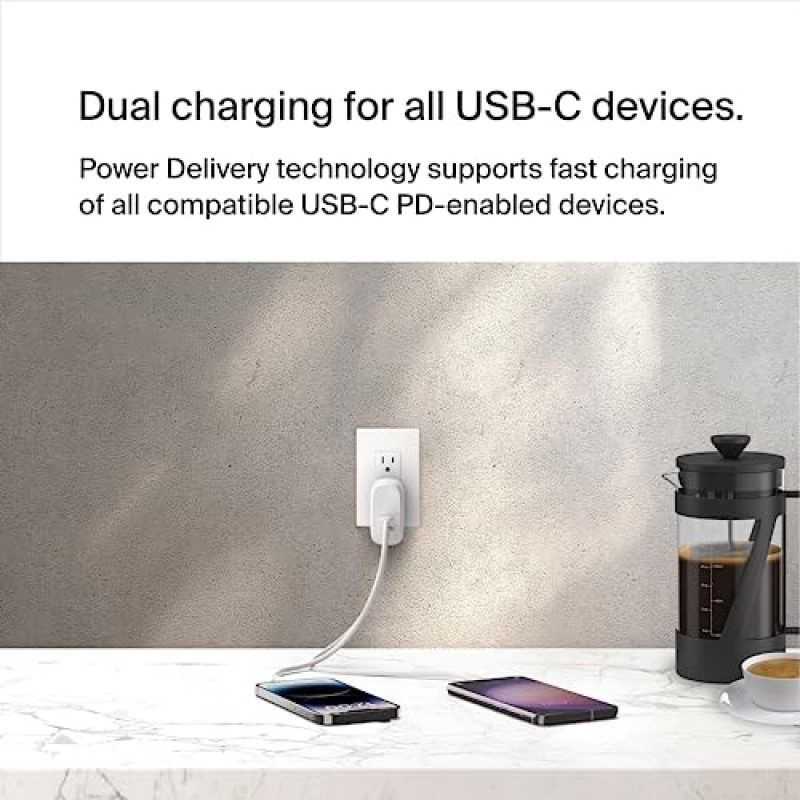 Apple iPhone, iPad, Samsung Galaxy, Google Pixel용 PPS 60W 탑재 Belkin BoostCharge 듀얼 USB-C 벽면 충전기 - USB-C-라이트닝 케이블 및 USB-C-USB-C 호환 - 화이트(2팩)