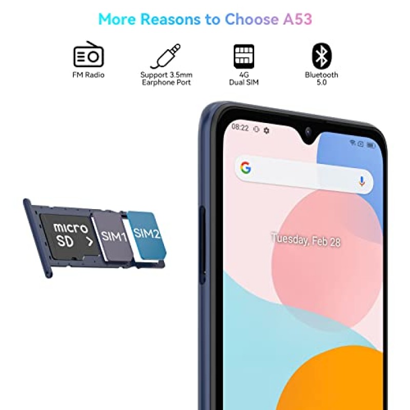 언락 휴대폰, Blackview A53 언락 휴대폰(2023 신규), 7GB RAM+32GB ROM/1TB 확장 Android 휴대폰, Android 12 스마트폰, 5080mAh 배터리 10W 고속 충전, 6.5인치 HD+디스플레이, 카드 슬롯 3개, 얼굴 잠금 해제