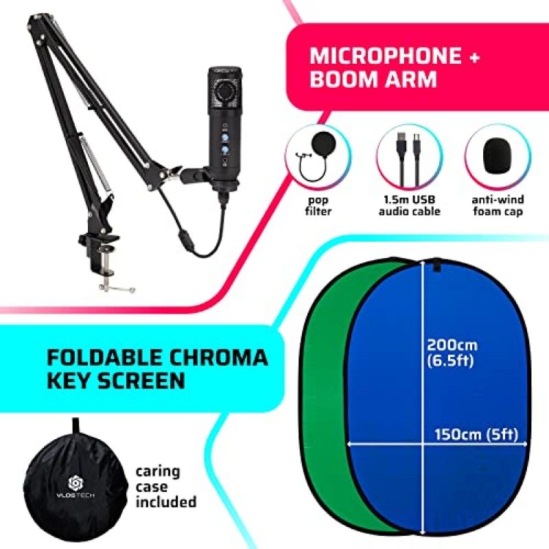 iPhone, 데스크탑, Android용 브이로깅 키트, 10인치 5피트 이상의 링 라이트, 마이크 및 붐 암, 6.5피트 배경 블루 및 그린 스크린, 휴대용 브이로그 키트, 1080p 웹캠 등! $300 이상의 가치