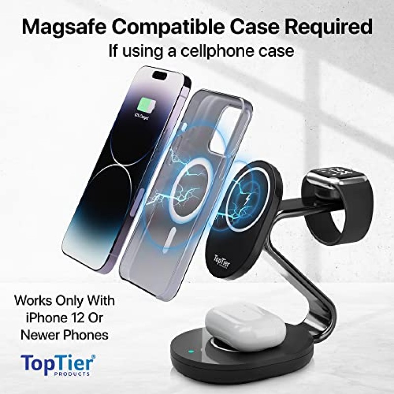 TopTier 3 in 1 Magsafe 무선 충전 스테이션, 금속 디자인, iPhone Apple Watch Airpods, Magsafe 호환(블랙)