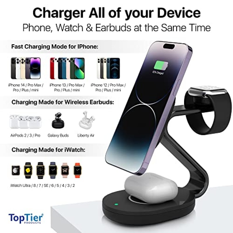 TopTier 3 in 1 Magsafe 무선 충전 스테이션, 금속 디자인, iPhone Apple Watch Airpods, Magsafe 호환(블랙)