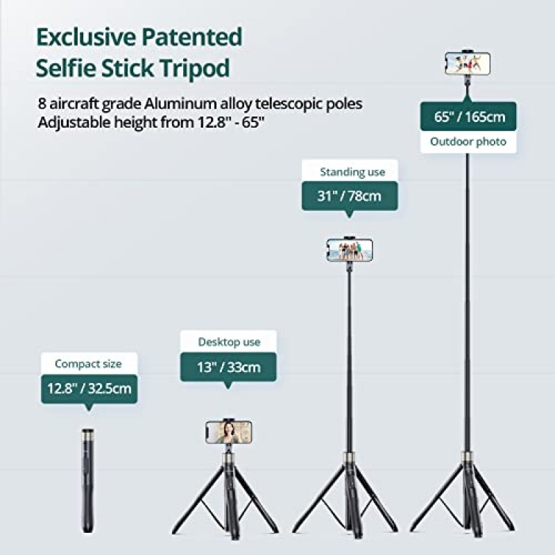ATUMTEK 65인치 셀카봉 삼각대, Bluetooth 리모컨이 포함된 올인원 확장형 휴대폰 삼각대 스탠드 iPhone 및 Android 휴대폰 셀카용 360° 회전, 비디오 녹화, 블로깅, 라이브 스트리밍, 블랙