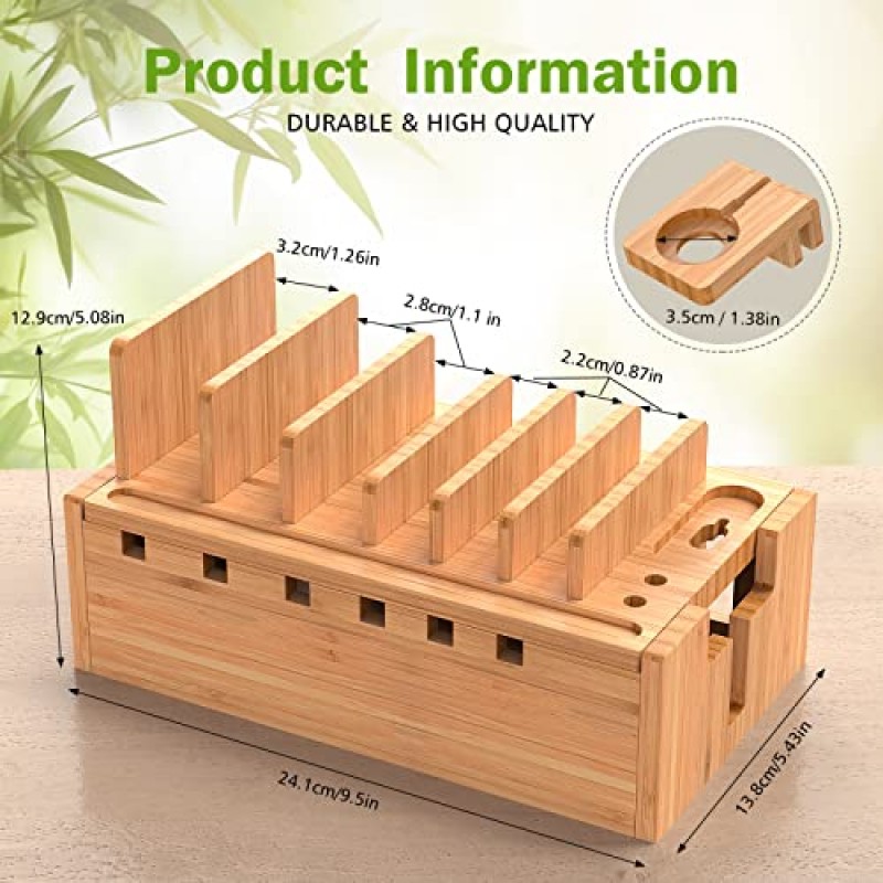 5포트 USB 충전기, 5개의 충전기 케이블 및 시계 스탠드를 갖춘 여러 장치용 Bamboo 충전 스테이션. 휴대폰, 태블릿, 시계, 사무용품용 목재 데스크탑 도킹 스테이션 정리함