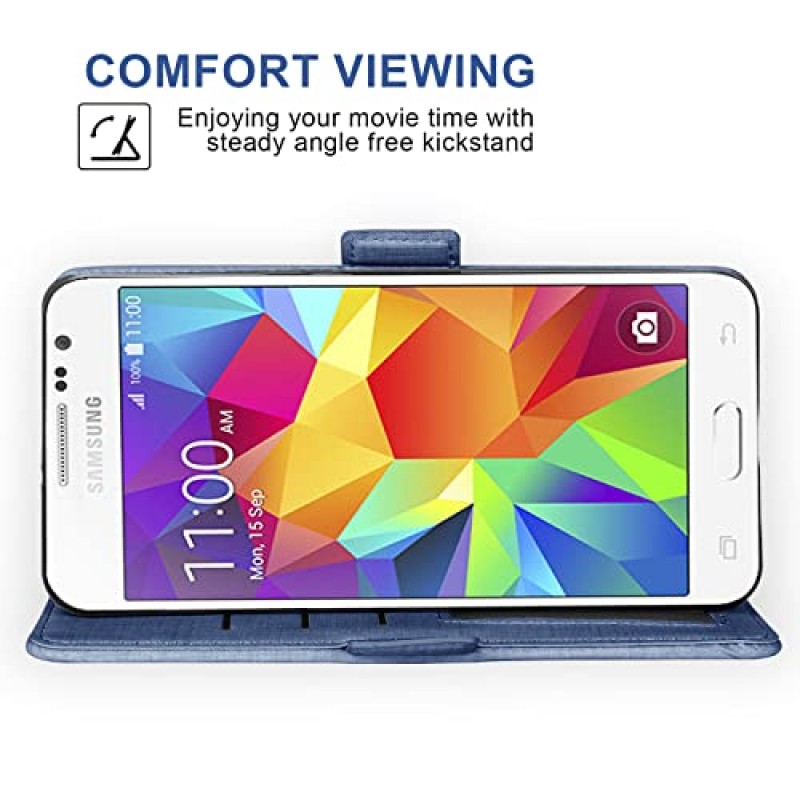 Asuwish는 Samsung Galaxy Core Prime 지갑 케이스와 호환됩니다. 강화 유리 화면 보호기 및 가죽 플립 카드 홀더 스탠드 셀 액세서리 Glaxay G360 G360M 소년 여성 남성 블루용 전화 커버