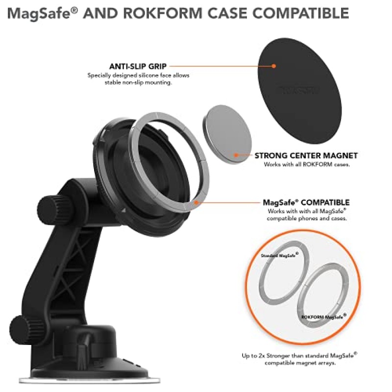 ROKFORM - 조정 가능한 자기 앞유리 휴대폰 홀더, MagSafe 휴대폰 케이스 및 케이스와 호환 가능, 강력한 흡입 컵, 210° 기울기, 360° 회전