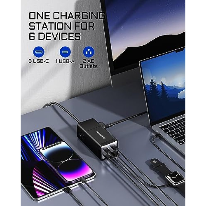 USB C 충전 스테이션, Aergiatech 140W PD 3.1 GaN 충전기 USB C 전원 스트립(2AC, 3 USB-C, 1 USB-A, MacBook 노트북 iPhone Galaxy용 고속 충전 여행용 유형 C 데스크탑 충전기, 5피트 연장 코드)