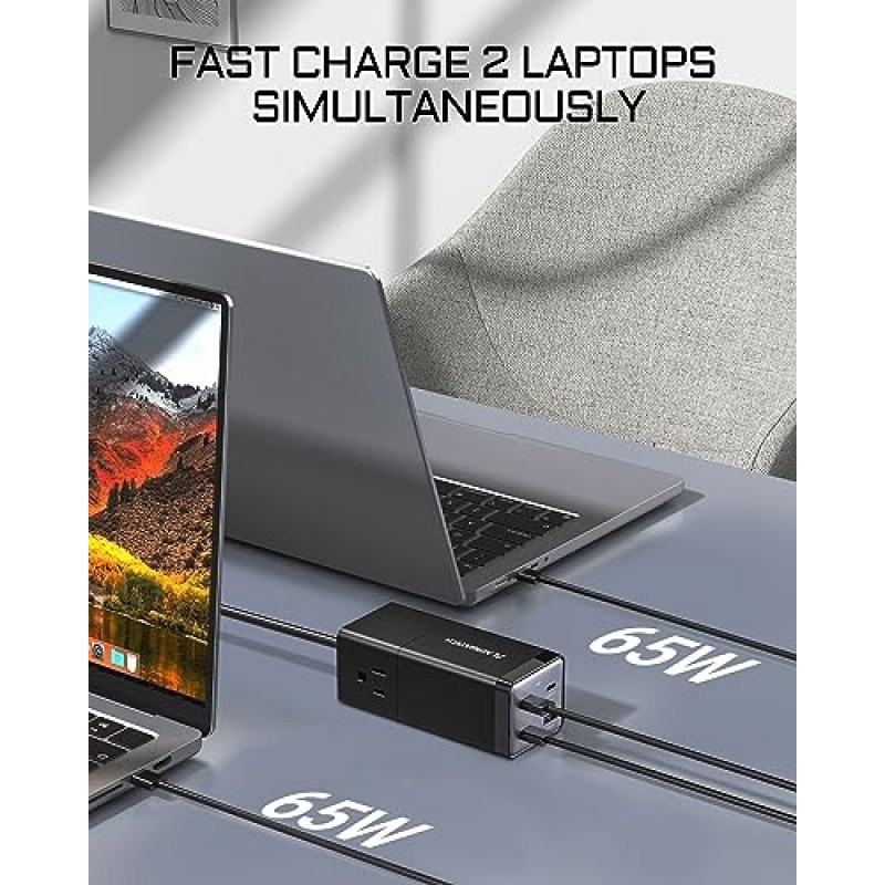 USB C 충전 스테이션, Aergiatech 140W PD 3.1 GaN 충전기 USB C 전원 스트립(2AC, 3 USB-C, 1 USB-A, MacBook 노트북 iPhone Galaxy용 고속 충전 여행용 유형 C 데스크탑 충전기, 5피트 연장 코드)