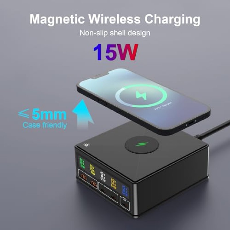 160W USB C GaN 충전기, Ubigbuy 65W 5포트 PD 3.0 USB C 고속 충전 스테이션, MacBook Pro Air iPhone iPad Samsung용 디스플레이가 있는 데스크탑 무선 USB C 전원 어댑터 허브