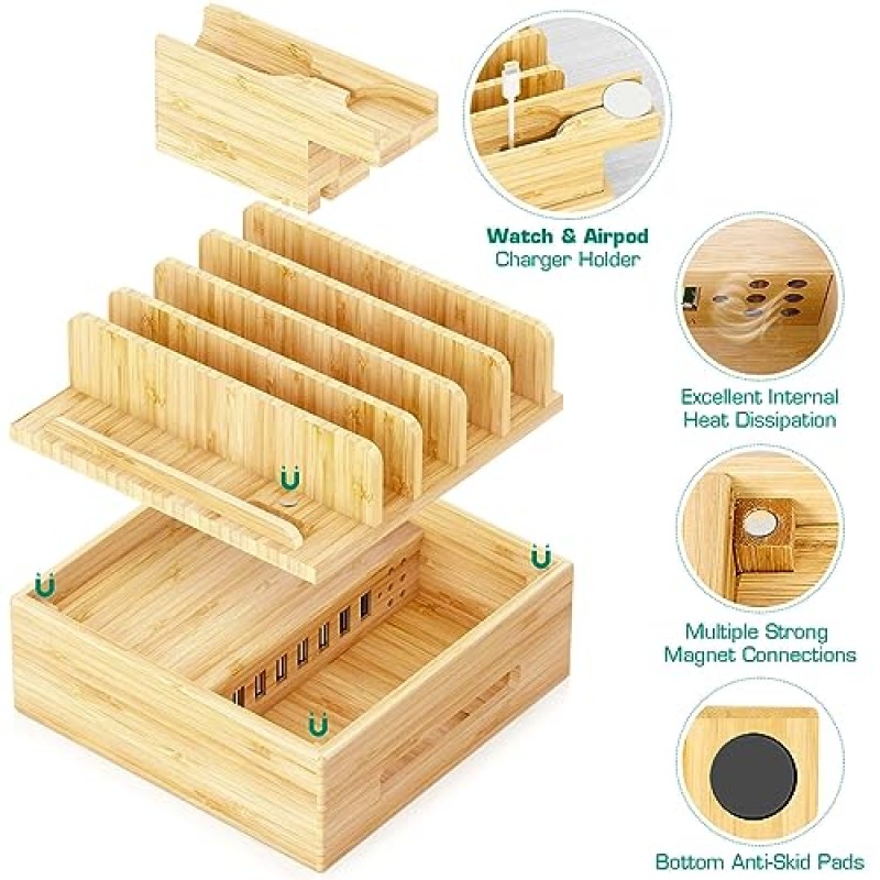 다양한 장치를 위한 Darfoo Bamboo 충전 스테이션 - 휴대폰, 태블릿, 스마트 시계 및 이어버드용 USB 포트 7개와 시계 이어버드 스탠드 1개가 있는 목재 휴대폰 도킹 스테이션, 자연 색상