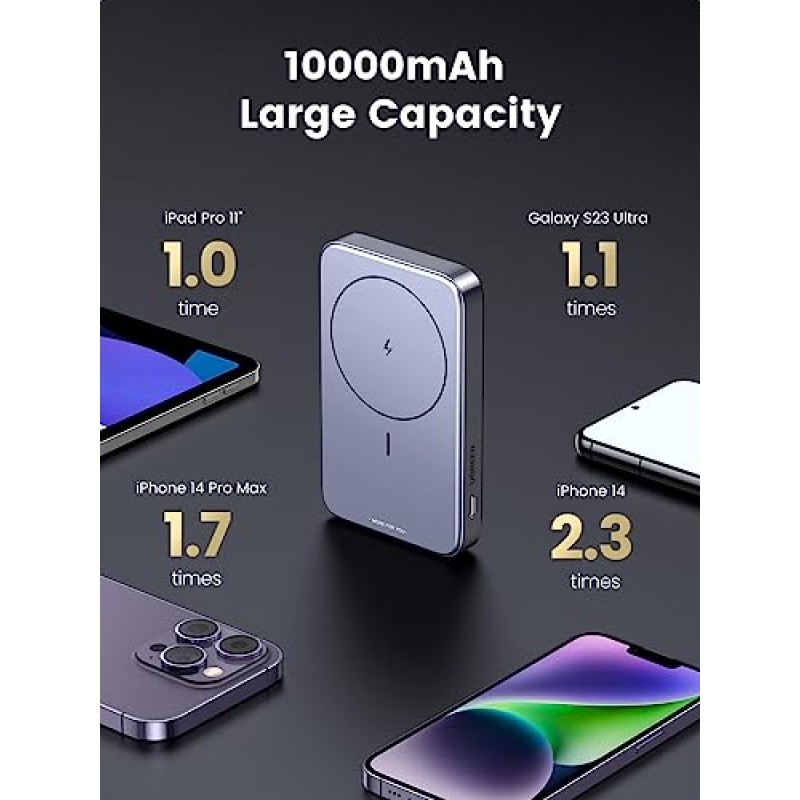 UGREEN 마그네틱 배터리 접이식 킥스탠드가 포함된 10,000mAh 배터리 팩 PD 20W 3 포트 Magsafe iPhone 15/15 Plus/15 Pro/15 Pro Max/14/13/12 시리즈와 호환되는 무선 휴대용 보조베터리