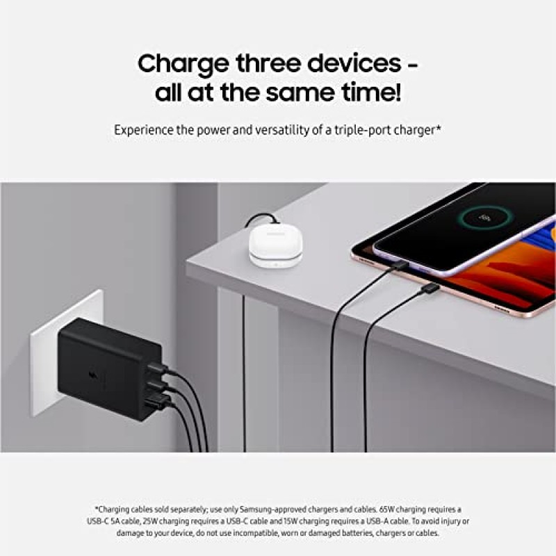 삼성 3포트 초고속 충전 벽면 충전기, 1x USB-C 65W, 1x USB-C 25W, 1x USB-A 25W, 최대 용량 65W(케이블은 포함되지 않음), 블랙, 미국 버전