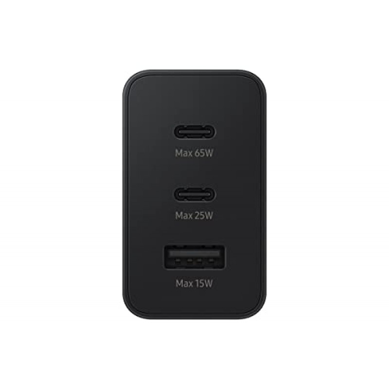 삼성 3포트 초고속 충전 벽면 충전기, 1x USB-C 65W, 1x USB-C 25W, 1x USB-A 25W, 최대 용량 65W(케이블은 포함되지 않음), 블랙, 미국 버전