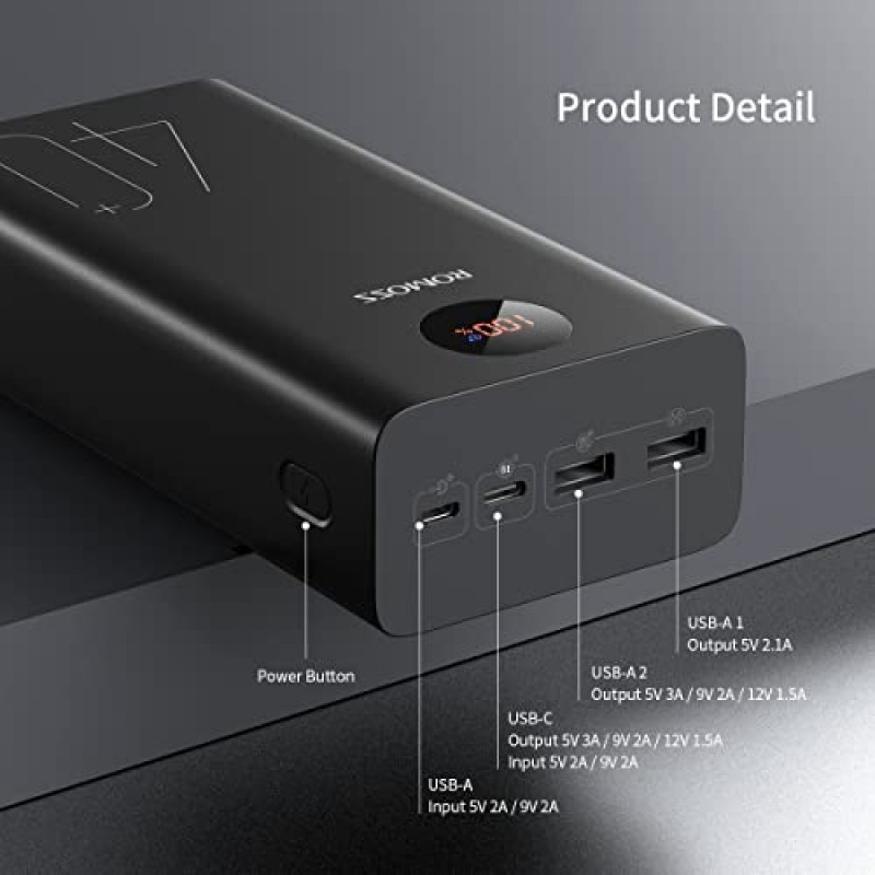 ROMOSS 40000mAh 보조베터리, 18W PD USB C 고속 충전 휴대용 전화 충전기, iPhone 14/13/13 Pro Max, iPad, Samsung Galaxy 등을 위한 LED 디스플레이가 있는 3출력 및 2입력 외부 배터리 팩