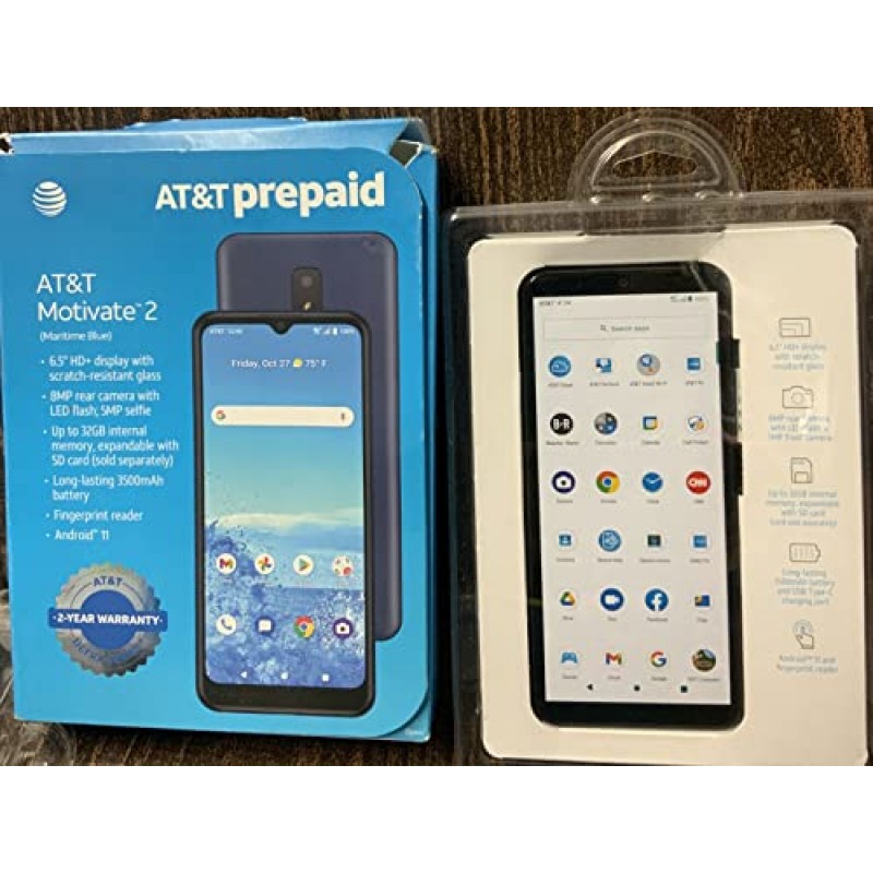 AT&T Motivate 2, 32GB, 마리타임 블루 - 4G LTE 선불 스마트폰 - AT&T 이동통신사 고정