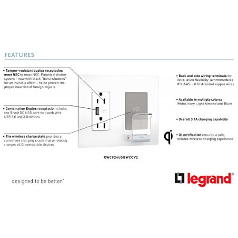 Legrand - USB 포트가 있는 Pass & Seymour Radiant 콘센트, 무선 전화 충전기가 있는 흰색 콘센트, 변조 방지 USB 콘센트, RWC826USBWCCV2, 1개