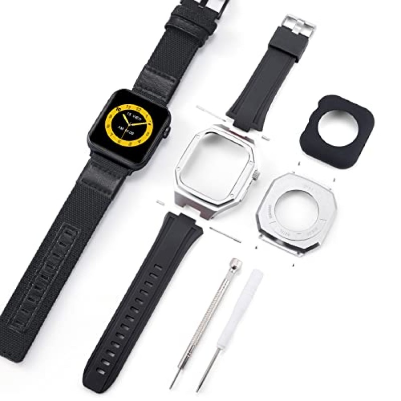 BINLUN Apple Watch 밴드와 호환 44mm 45mm 2팩 실리콘 스테인레스 스틸 시계 밴드, 견고한 금속 전체 보호 범퍼 케이스, iWatch 밴드 시리즈 8/7/SE2/SE/6/5/4용 교체 캔버스 시계 스트랩 세트