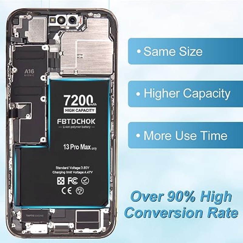 FBTDCHOK 7200mAh 업그레이드된 교체용 배터리, iPhone 13 Pro Max와 호환 가능, 새 ​​버전 iPhone 13 Pro Max용 초고용량 0 사이클 A+ 배터리 교체, 완벽한 수리 도구 키트 포함