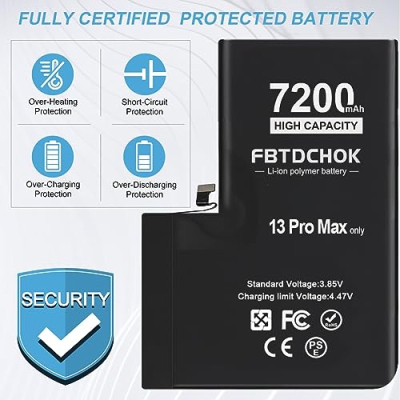 FBTDCHOK 7200mAh 업그레이드된 교체용 배터리, iPhone 13 Pro Max와 호환 가능, 새 ​​버전 iPhone 13 Pro Max용 초고용량 0 사이클 A+ 배터리 교체, 완벽한 수리 도구 키트 포함