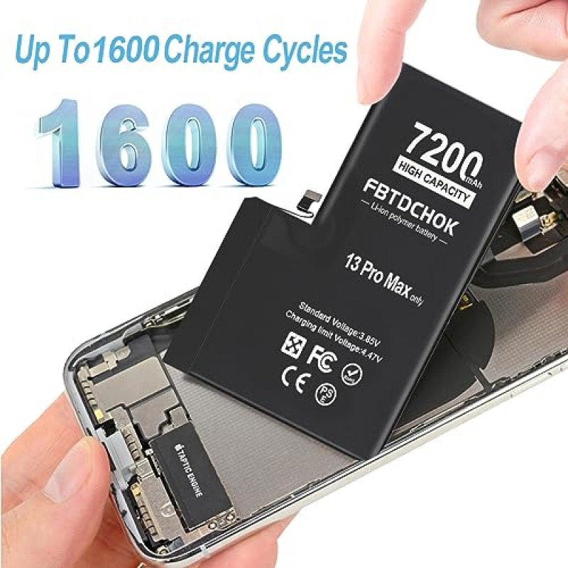 FBTDCHOK 7200mAh 업그레이드된 교체용 배터리, iPhone 13 Pro Max와 호환 가능, 새 ​​버전 iPhone 13 Pro Max용 초고용량 0 사이클 A+ 배터리 교체, 완벽한 수리 도구 키트 포함