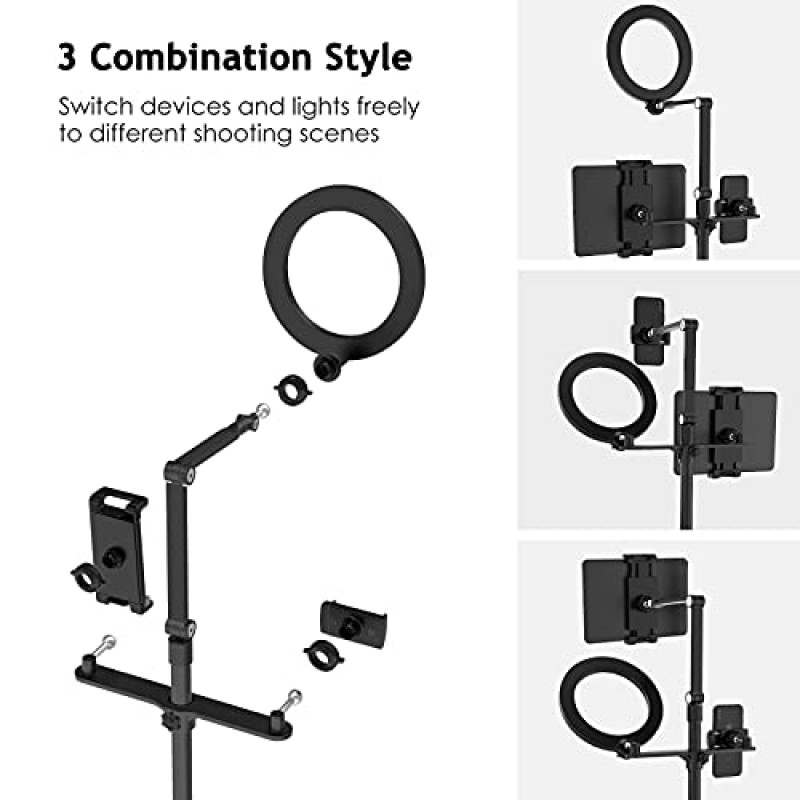 SupeDesk 셀카 링라이트 휴대폰 태블릿 스탠드, 8인치 LED, 3-in-1, 오버헤드 휴대폰 스탠드, 4.5-13인치 휴대폰 및 태블릿과 호환 가능, 조절 가능한 긴 팔, YouTube/Tiktok 비디오, 줌, 라이브 스트림