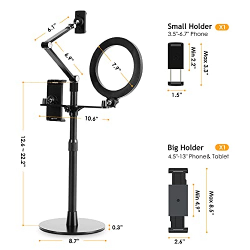 SupeDesk 셀카 링라이트 휴대폰 태블릿 스탠드, 8인치 LED, 3-in-1, 오버헤드 휴대폰 스탠드, 4.5-13인치 휴대폰 및 태블릿과 호환 가능, 조절 가능한 긴 팔, YouTube/Tiktok 비디오, 줌, 라이브 스트림