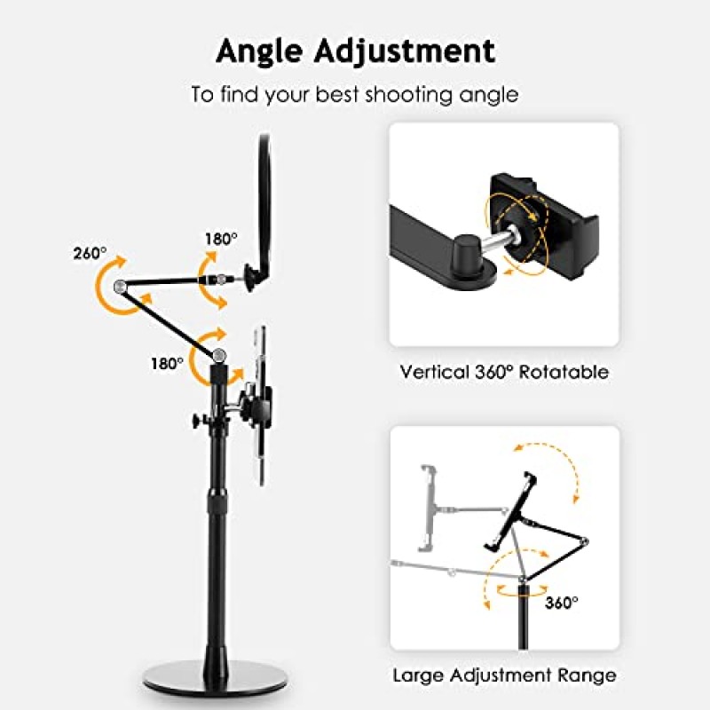 SupeDesk 셀카 링라이트 휴대폰 태블릿 스탠드, 8인치 LED, 3-in-1, 오버헤드 휴대폰 스탠드, 4.5-13인치 휴대폰 및 태블릿과 호환 가능, 조절 가능한 긴 팔, YouTube/Tiktok 비디오, 줌, 라이브 스트림