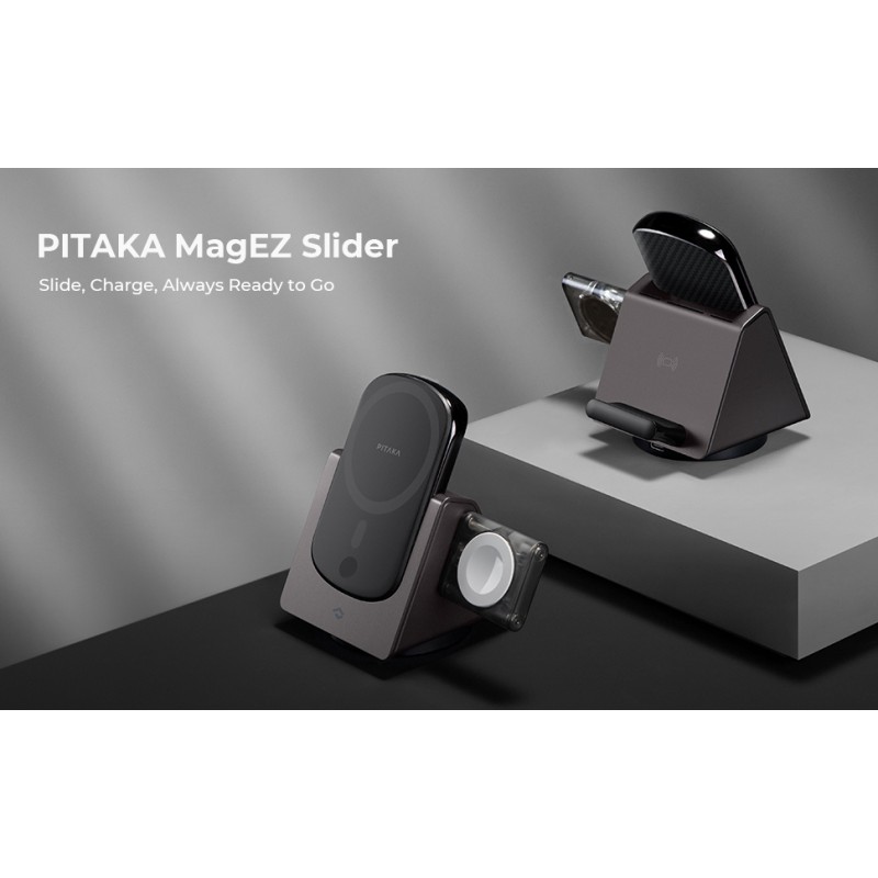 PITAKA 3 in 1 충전 스테이션, iPhone 15/14/13/12용 Apple 충전 스테이션, Air Pods Pro/3/2 및 휴대용 Magsafe 배터리 팩이 포함된 Apple Watch [MagEZ Slider 2]