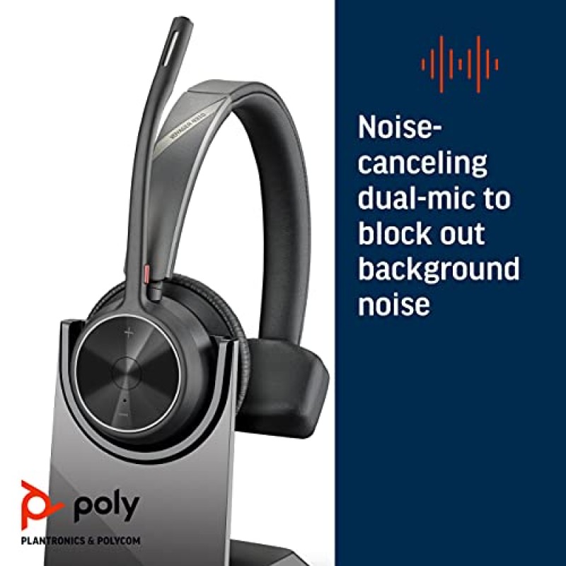 Poly - Voyager 4310 UC 무선 헤드셋 + 충전 스탠드(Plantronics) - 단일 이어 헤드셋(마이크 포함) - USB-A Bluetooth 어댑터를 통해 PC/Mac에 연결, Bluetooth를 통해 휴대폰에 연결 - Teams, Zoom 등과 함께 작동