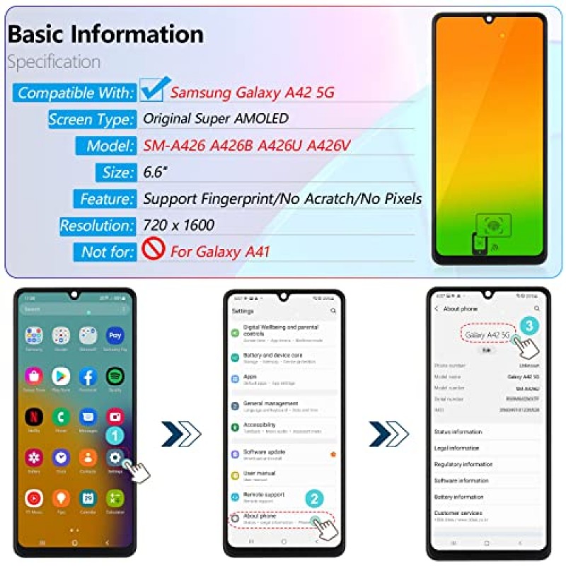 OLED 용 YWLRONG 디스플레이 Samsung Galaxy A42 5G A426 A426U A426V SM-A426B 화면 교체 터치 LCD 디스플레이 디지타이저 어셈블리 (도구 포함) (지문 지원)