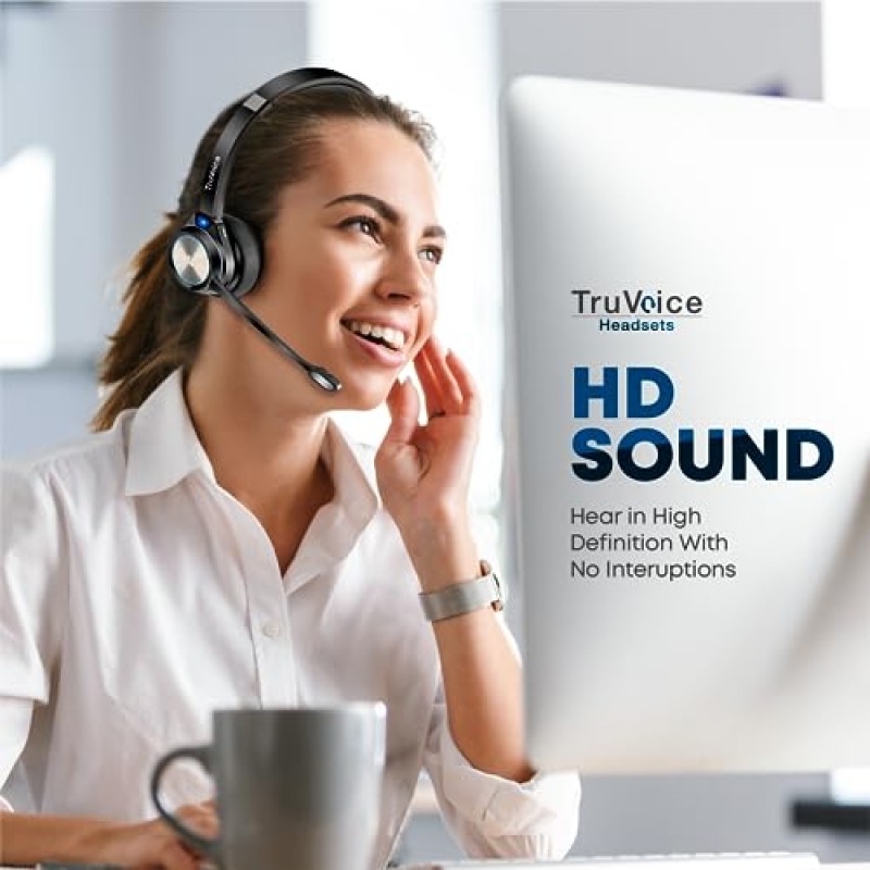 Hi-Fi 오디오 및 소음 제거 마이크가 탑재된 TruVoice BT55 무선 USB 헤드셋 - v5.2 Bluetooth 고속 충전 베이스 및 15시간 통화 시간 - 컴퓨터와 휴대폰 모두에 다중 연결 가능.