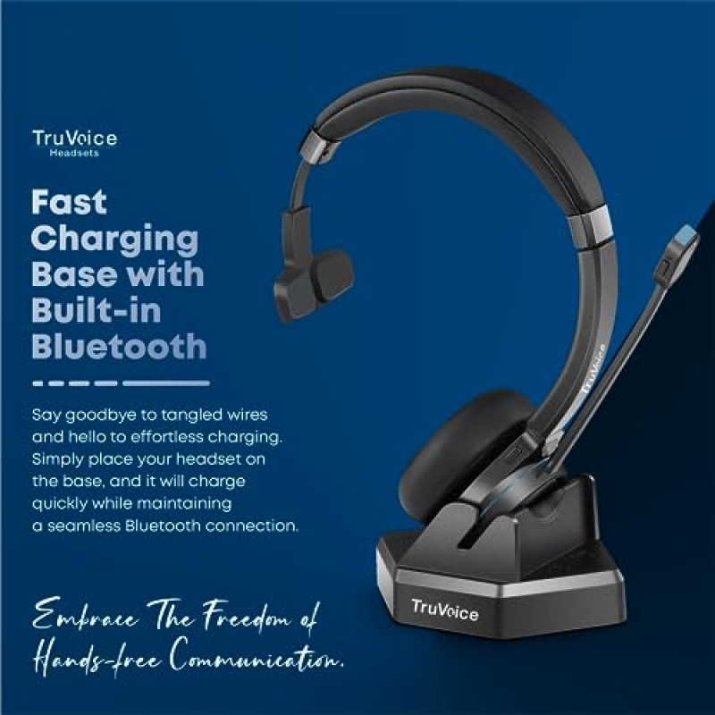 Hi-Fi 오디오 및 소음 제거 마이크가 탑재된 TruVoice BT55 무선 USB 헤드셋 - v5.2 Bluetooth 고속 충전 베이스 및 15시간 통화 시간 - 컴퓨터와 휴대폰 모두에 다중 연결 가능.