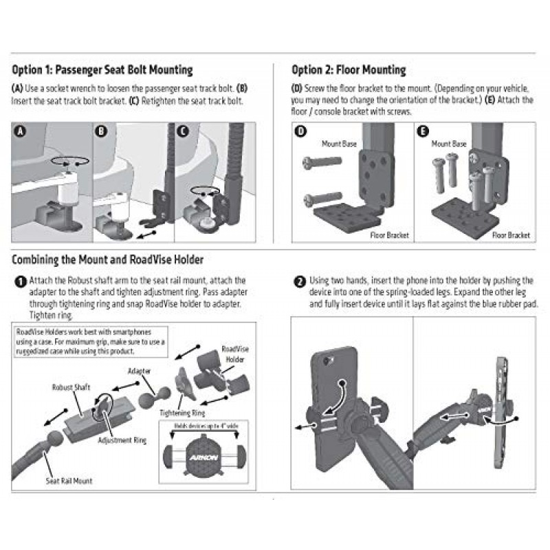 ARKON은 iPhone 11 XS XR X Samsung Galaxy용 RoadVise 헤비듀티 시트 레일 또는 플로어 폰 마운트를 장착합니다.