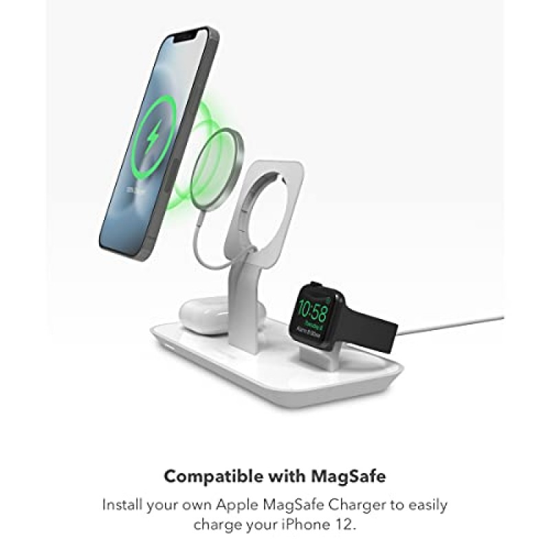 Apple iPhone, AirPods/AirPods Pro & Watch용 mophie 3-in-1 Magsafe 무선 충전 스탠드, 15W 초고속 충전, 세련된 유광 마감 - 화이트(MagSafe 충전기는 포함되어 있지 않음)