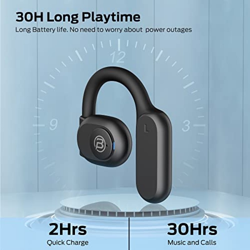 BUGANI 오픈 이어 헤드폰, 듀얼 16.2mm 대형 드라이버가 탑재된 Bluetooth 5.3 무선 헤드폰, HiFi 스테레오 사운드가 포함된 오픈 이어 이어버드, ENC 클리어 토크, 30시간 재생 시간, 달리기용 방수 스포츠 이어버드