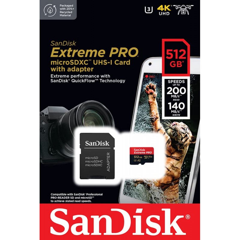 SanDisk 512GB Extreme Pro 내구성, 4K UHD 비디오 캡처, 야외 활동 및 주말 여행 녹화를 위한 200MB/s 읽기 및 140MB/s 쓰기 microSD UHS-I 카드