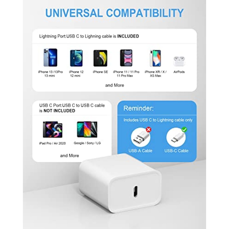 iPhone 충전기 고속 충전【Apple MFi 인증】 3팩 cargador 20W 초고속 충전기 USB C 벽면 충전기(6FT 케이블 포함) iPhone 11 12 13 14 Plus,Pro Max,Pro/Mini/XR/iPad와 호환 가능