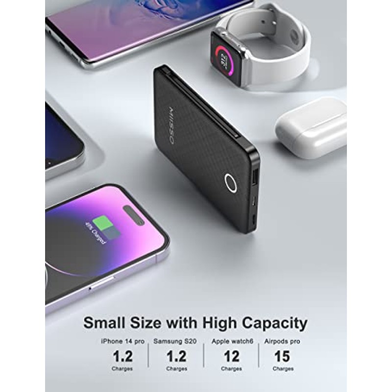 miisso 2팩 6000mah 카드 크기 울트라 슬림 케이블 내장 전원 은행, USB C 코드 내장 배터리 팩 휴대폰용 휴대용 충전기, iPhone, 핑크 & 블랙과 호환 가능