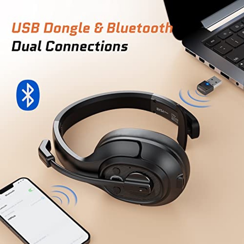 Trucker Bluetooth 헤드셋, PC용 USB 동글이 포함된 무선 헤드폰, AI 기반 환경 소음 제거 마이크(ENC), 99피트 장거리 무선 범위, 57시간 온이어 Trucker 헤드셋