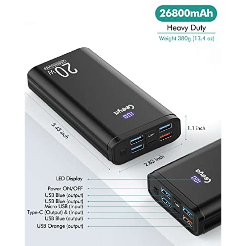 Ceeya 휴대용 충전기 PD 20W 배터리 팩 USB C 고속 충전 26800mAh 보조베터리 LCD 디스플레이(유형 C 출력 및 입력 포함), MacBook, iPhone 12,13,14, Samsung, 가열 조끼 등을 위한 외부 배터리 백업