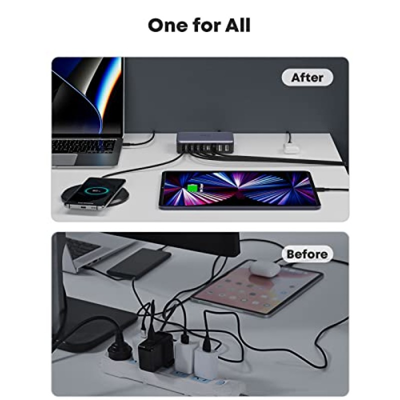 UPmark USB C 충전기, 185W 8포트 USB C 충전 스테이션, USB C 벽면 고속 충전기(2팩 USB C 케이블 포함), MacBook Pro/Air, iPad Pro, iPhone 14 13 12 Pro Max, Galaxy, Steam Deck과 호환 가능.