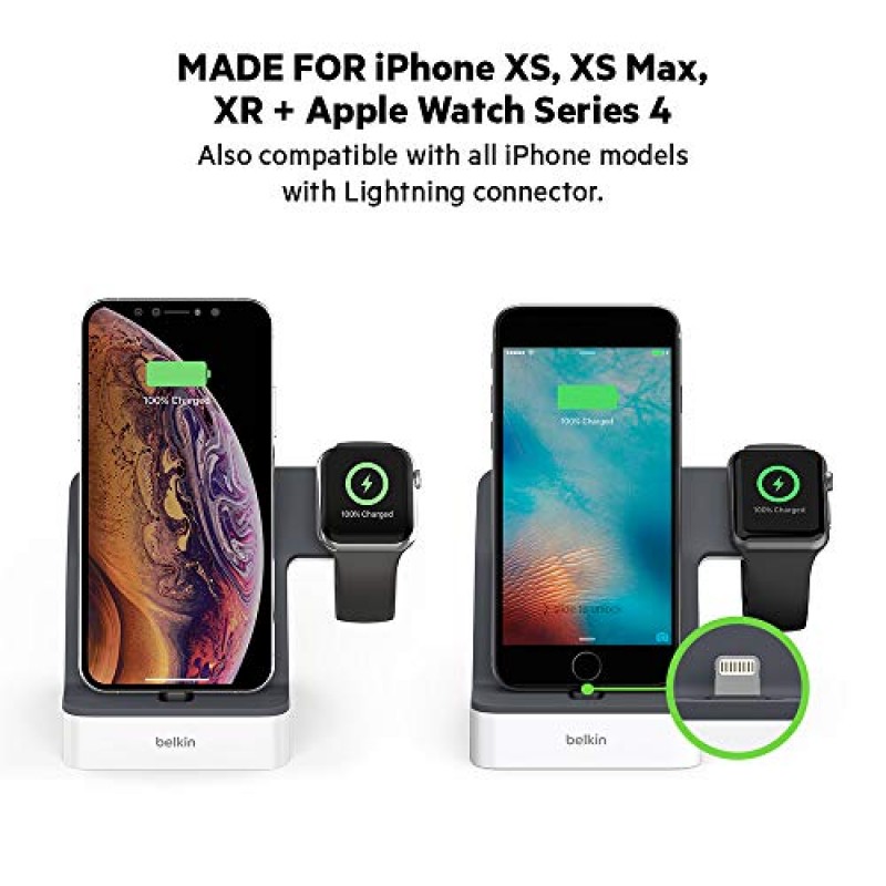 Belkin 2-in-1 iPhone 및 Apple Watch 충전 도크 - PowerHouse iPhone 충전 스테이션 + Apple Watch 충전 스탠드 - iPhone 6/7/8/X/XS/XR/XS Max, Apple Watch 시리즈 등을 위한 설계(블랙)