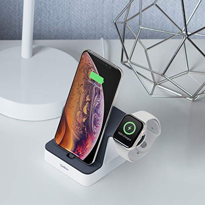 Belkin 2-in-1 iPhone 및 Apple Watch 충전 도크 - PowerHouse iPhone 충전 스테이션 + Apple Watch 충전 스탠드 - iPhone 6/7/8/X/XS/XR/XS Max, Apple Watch 시리즈 등을 위한 설계(블랙)